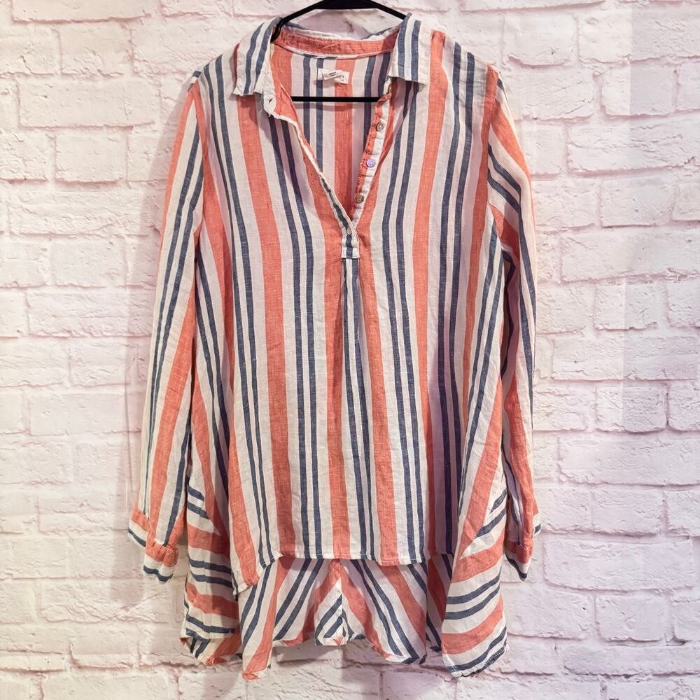 Artisan NY 100% linen red/white/blue striped blouse sz L - longer in back